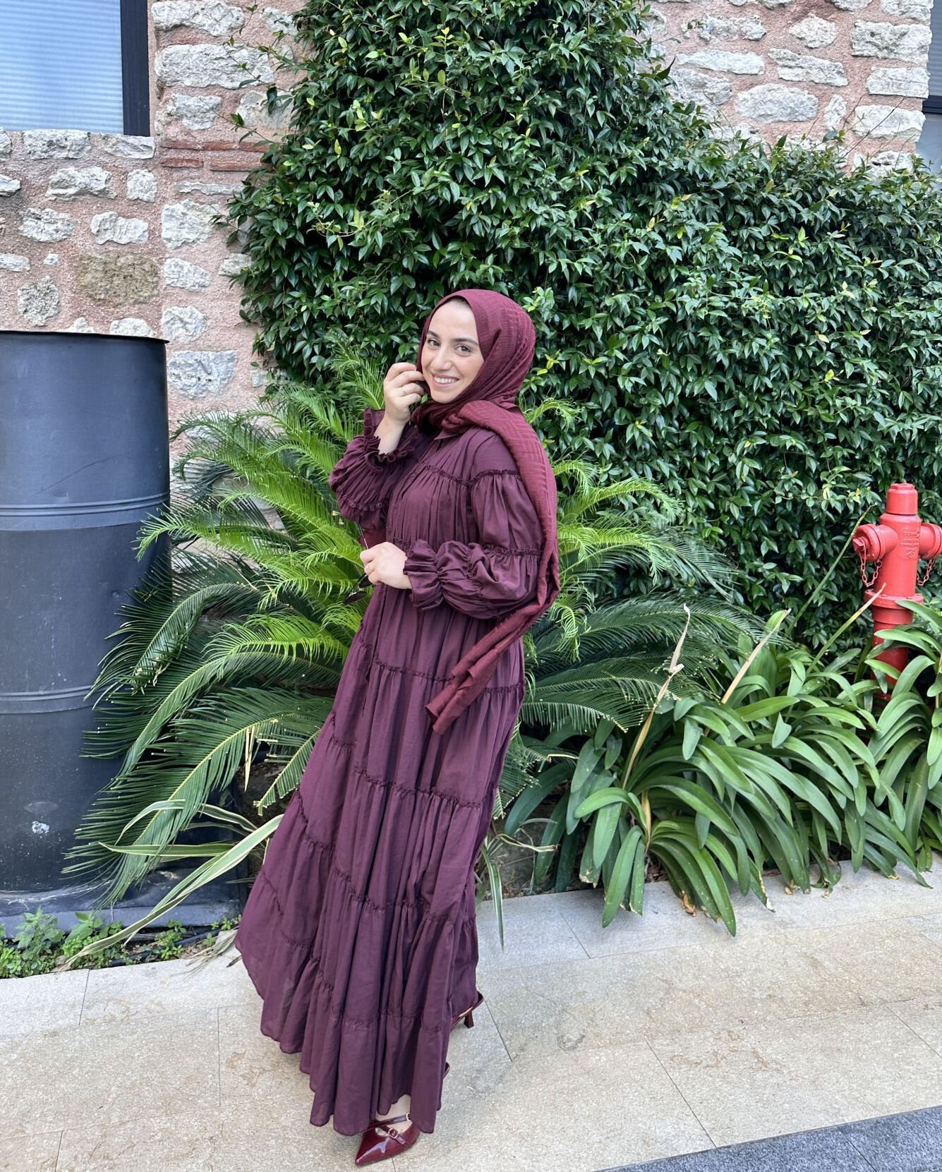 Pamuk Volan Astarlı Elbise Bordo