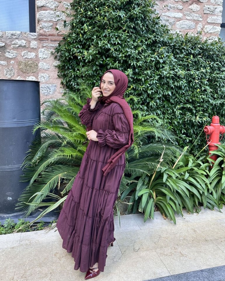 Pamuk Volan Astarlı Elbise Bordo