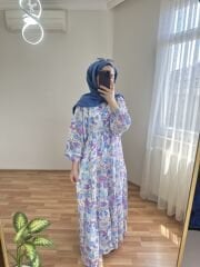 Çiçek Desenli Elbise Mavi