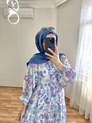 Çiçek Desenli Elbise Mavi