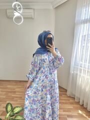 Çiçek Desenli Elbise Mavi