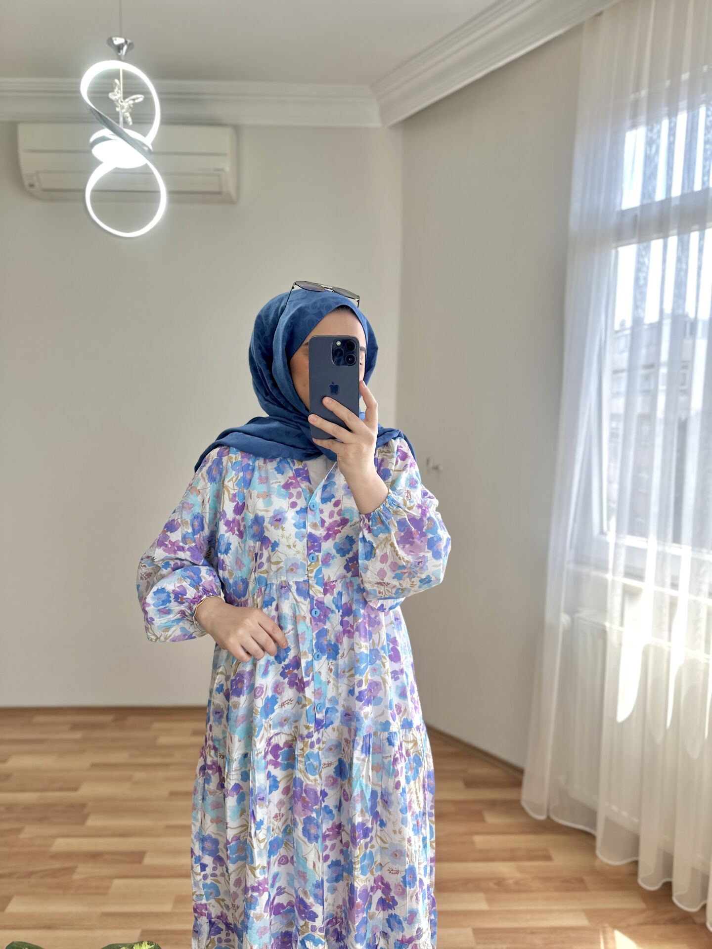 Çiçek Desenli Elbise Mavi