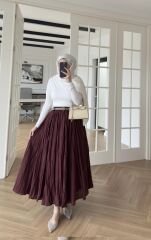 Pamuk Vual Kırışık Etek Bordo