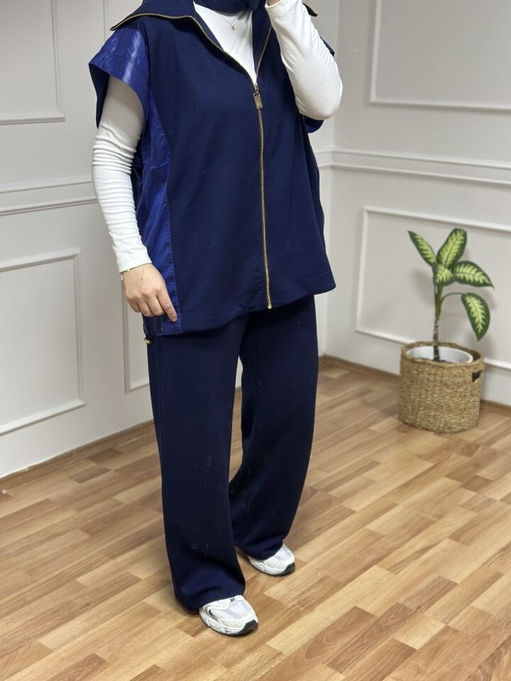 Garni Yaka Yelekli Takım Lacivert