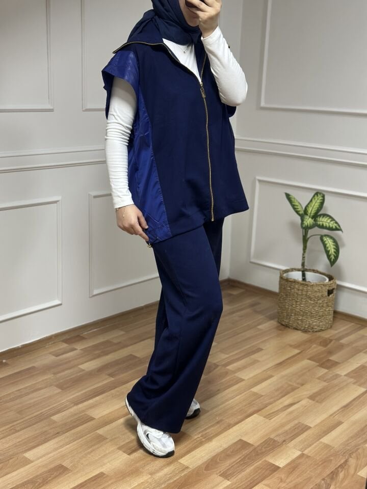 Garni Yaka Yelekli Takım Lacivert