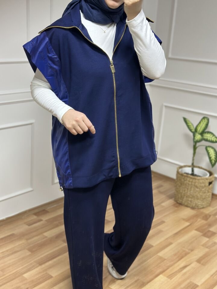 Garni Yaka Yelekli Takım Lacivert