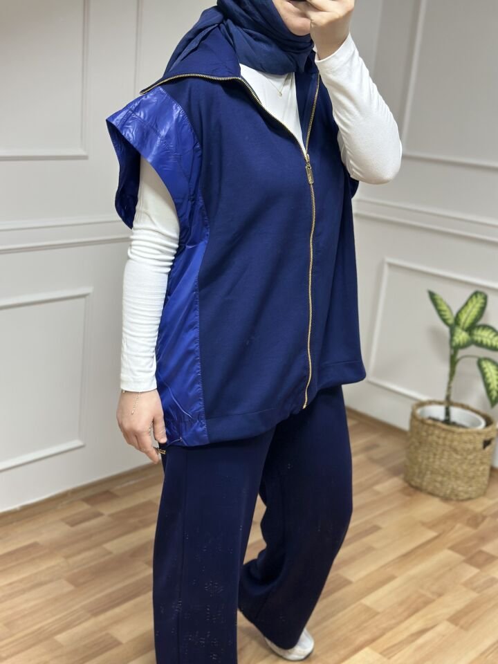 Garni Yaka Yelekli Takım Lacivert