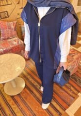 Garni Yaka Yelekli Takım Lacivert