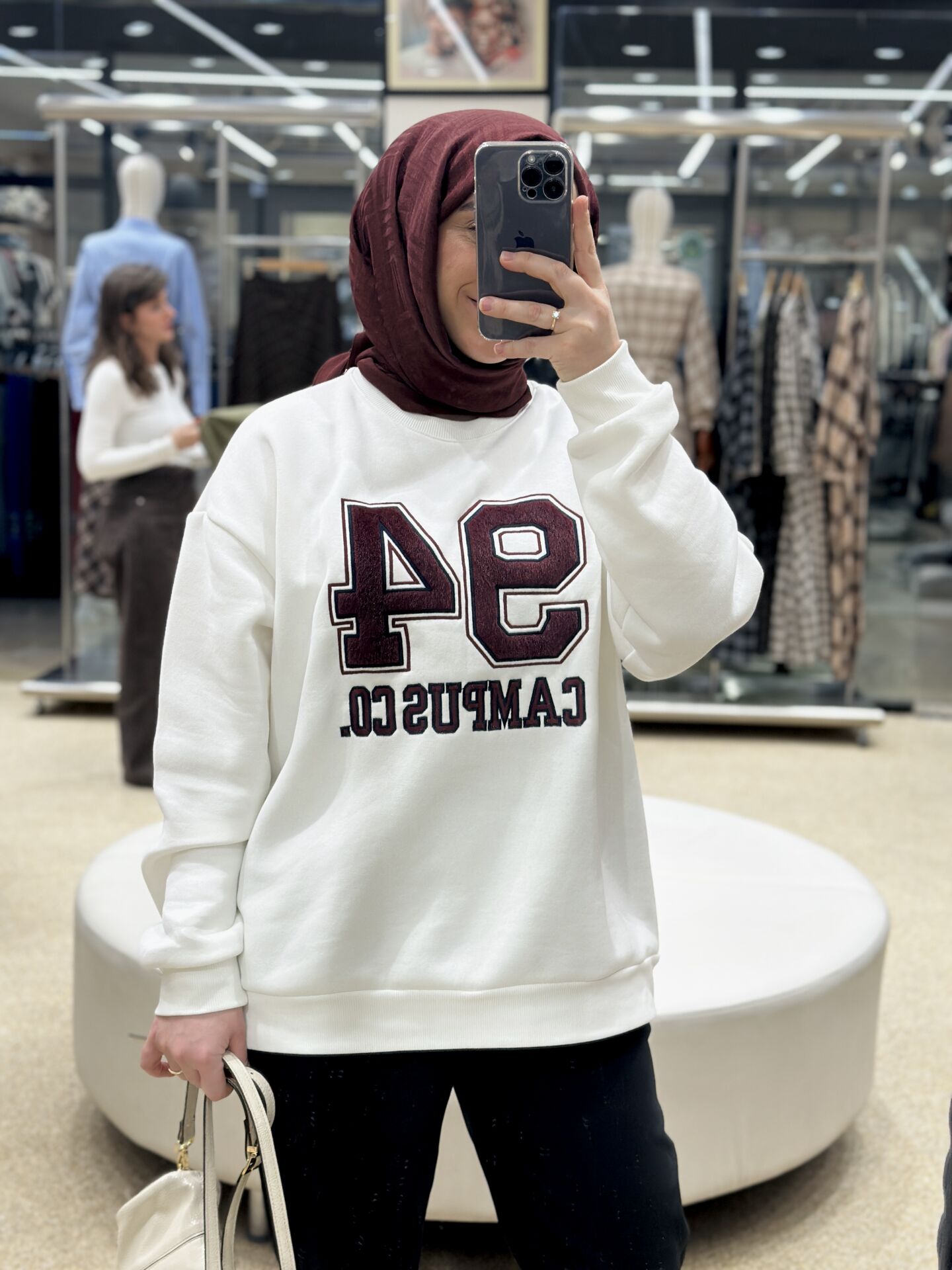 Nakışlı Campus Sweat Beyaz