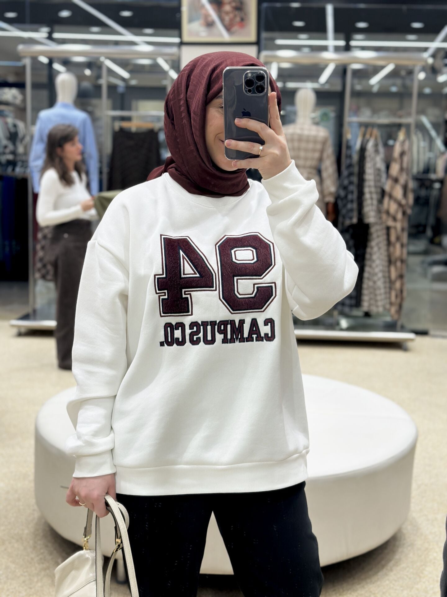 Nakışlı Campus Sweat Beyaz