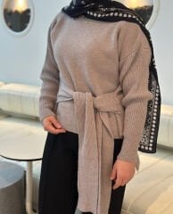 Bel Bağcıklı Triko - Vizon