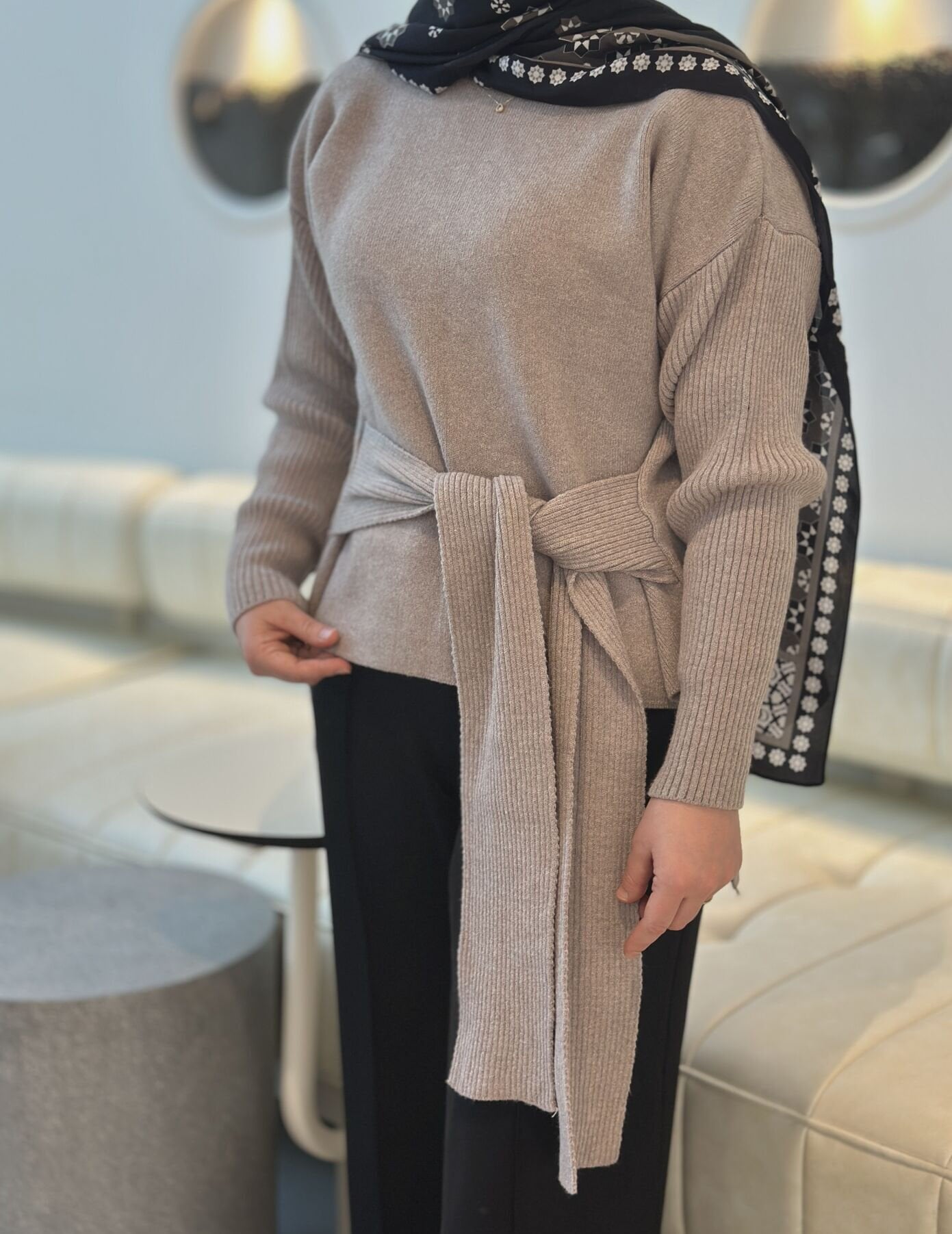 Bel Bağcıklı Triko - Vizon