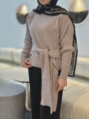 Bel Bağcıklı Triko - Vizon