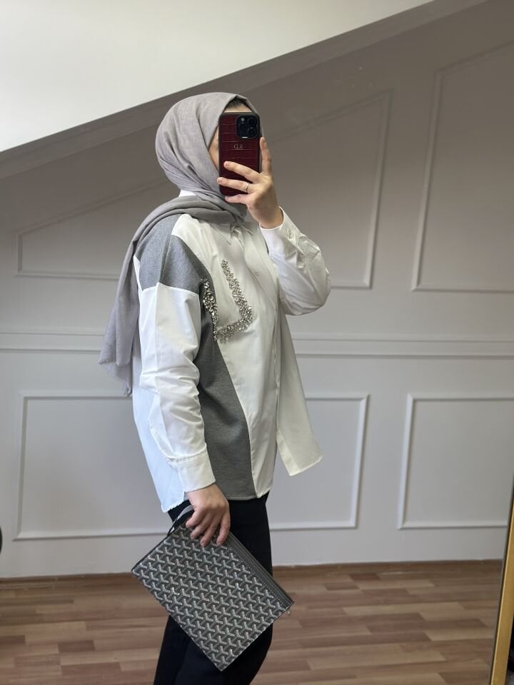 Taşlı Twist Gömlek Uzun | Beyaz Gri