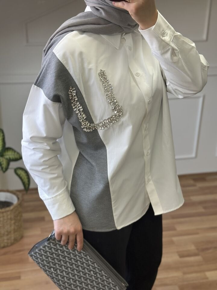 İşlemeli Gömlek  | Beyaz Gri