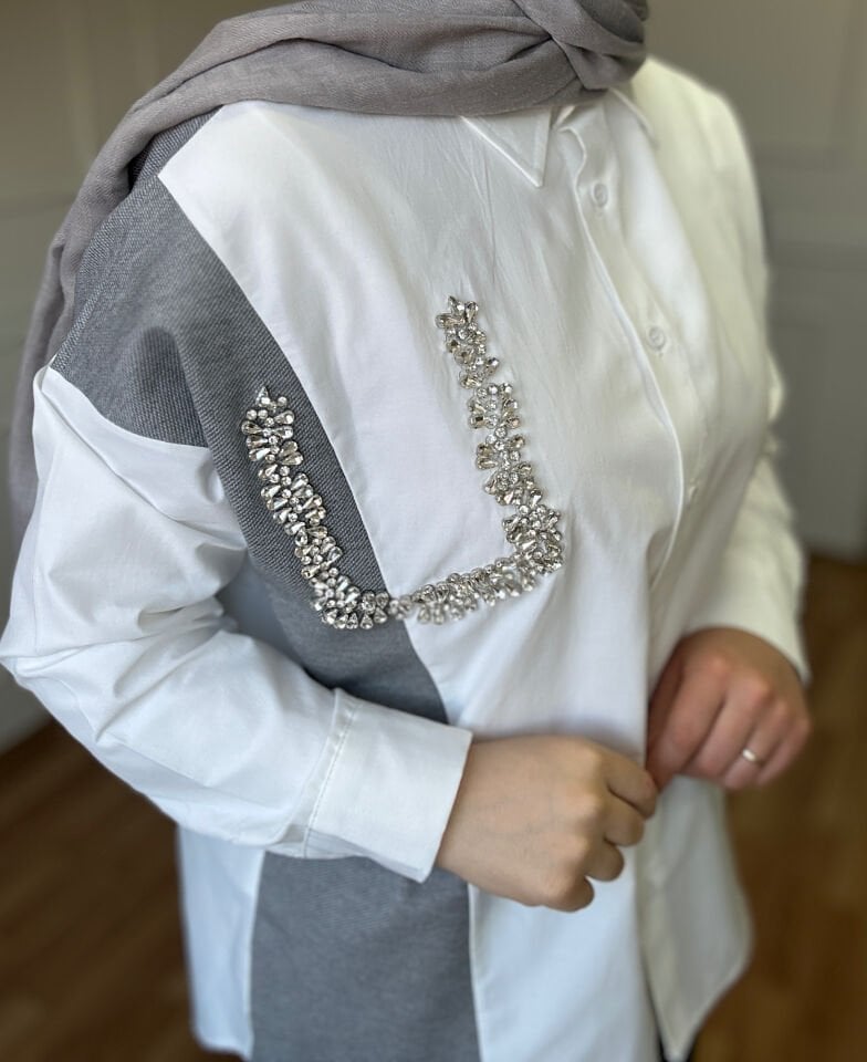 Taşlı Twist Gömlek Uzun | Beyaz Gri