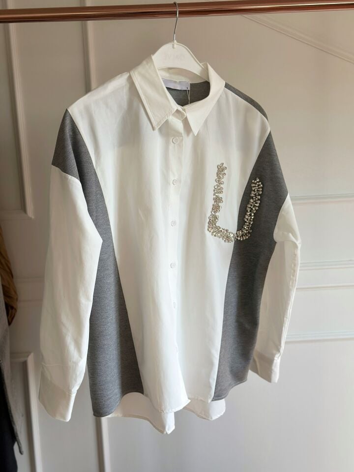 Taşlı Twist Gömlek Uzun | Beyaz Gri