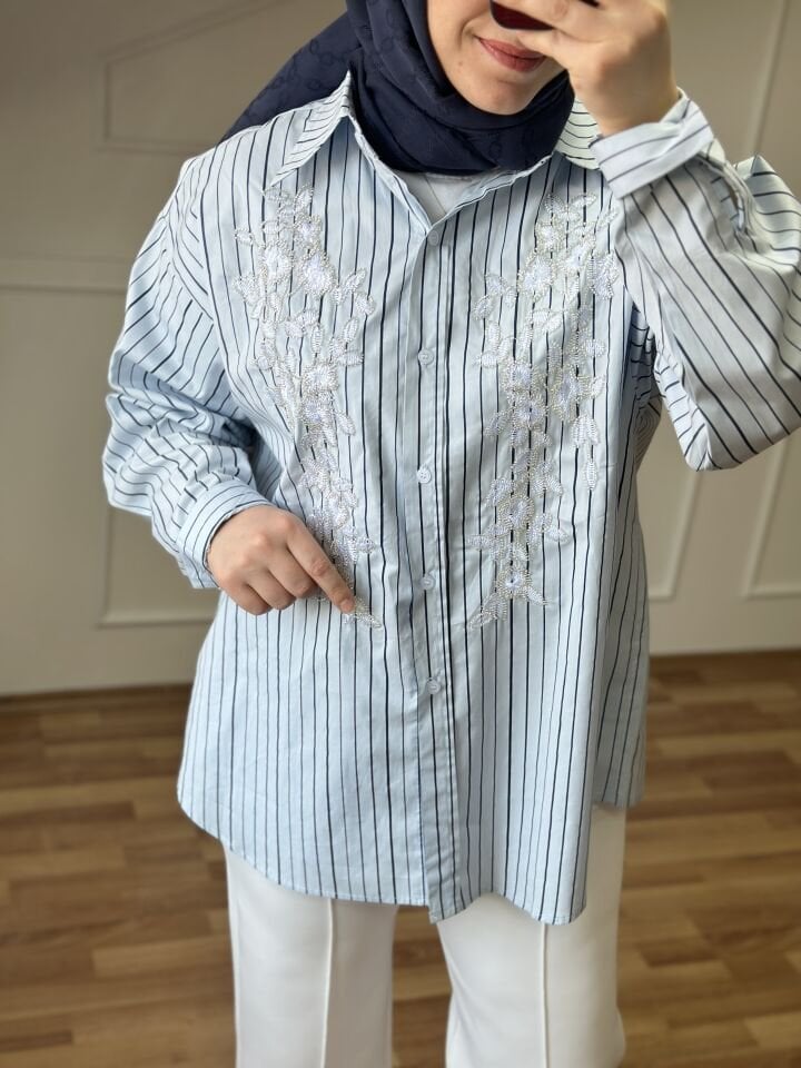 İşlemeli Gömlek Mavi